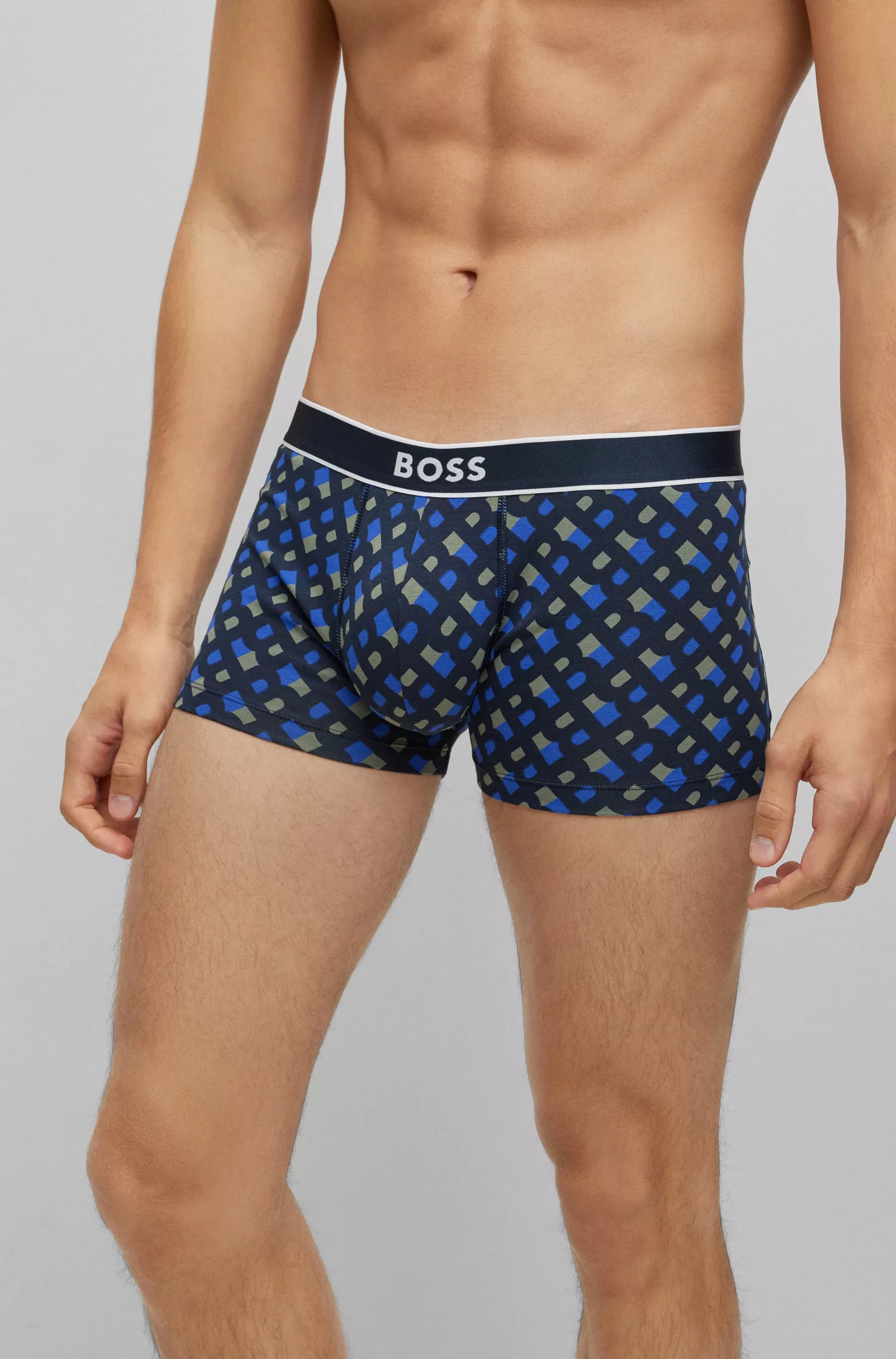 Cueca boxer BOSS preta, cintura regular, em algodão elástico com estampa da estação.