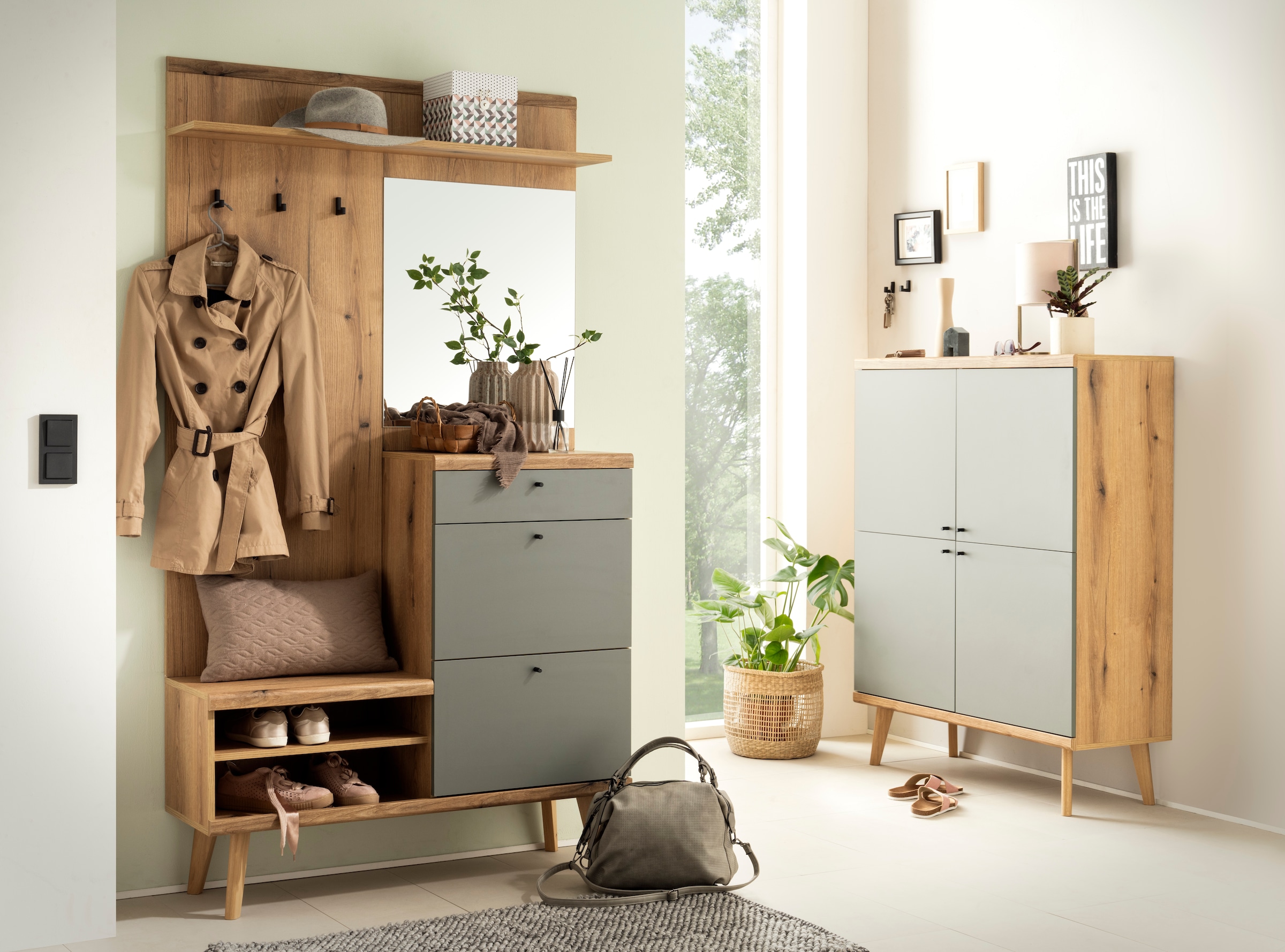 INOSIGN Kompaktgarderobe »Mavas, Garderobe, Garderobenschrank, ScandicDesign, Evoke Eiche/Salbei« ausreichend Stauraum, für kleine Räume geeignet, 110 cm breit