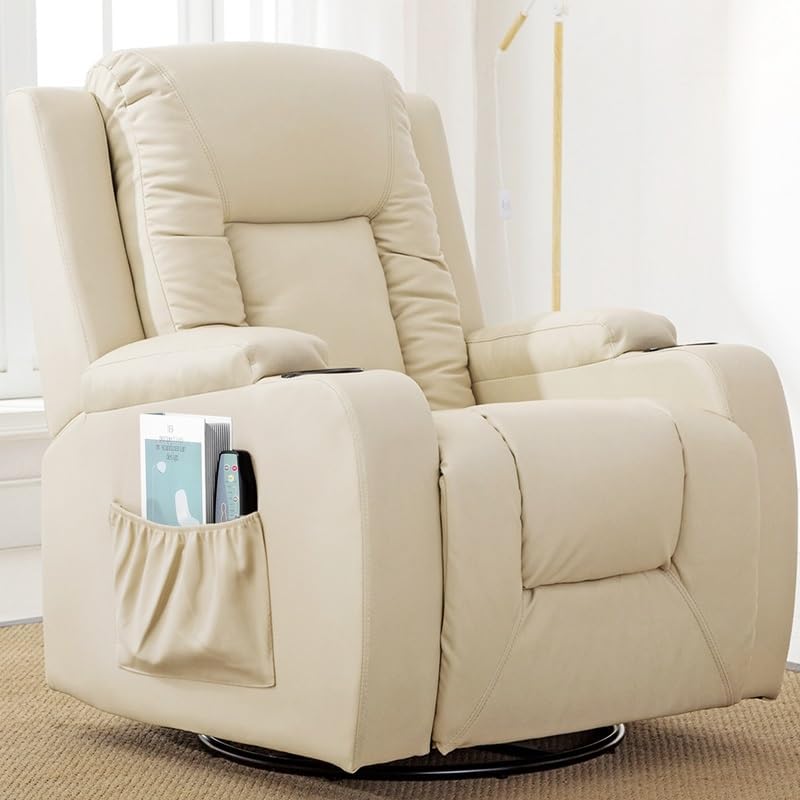 COMHOMA Relaxsessel Fernsehsessel mit Verstellbarer Rückenlehne und Fußstütze, 360° drehbarer Loungesessel aus PU-Leder mit Getränkehaltern und Seitentaschen,ergonomische Ganzkörperunterstützung,Weiß