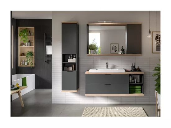 Colonne de salle de bain NOYA gris à suspendre – 2 portes, 3 étagères, 161 cm
