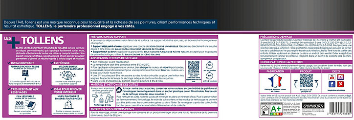 Peinture Tollens ultra couvrant murs, plafonds et boiseries velours blanc 5L