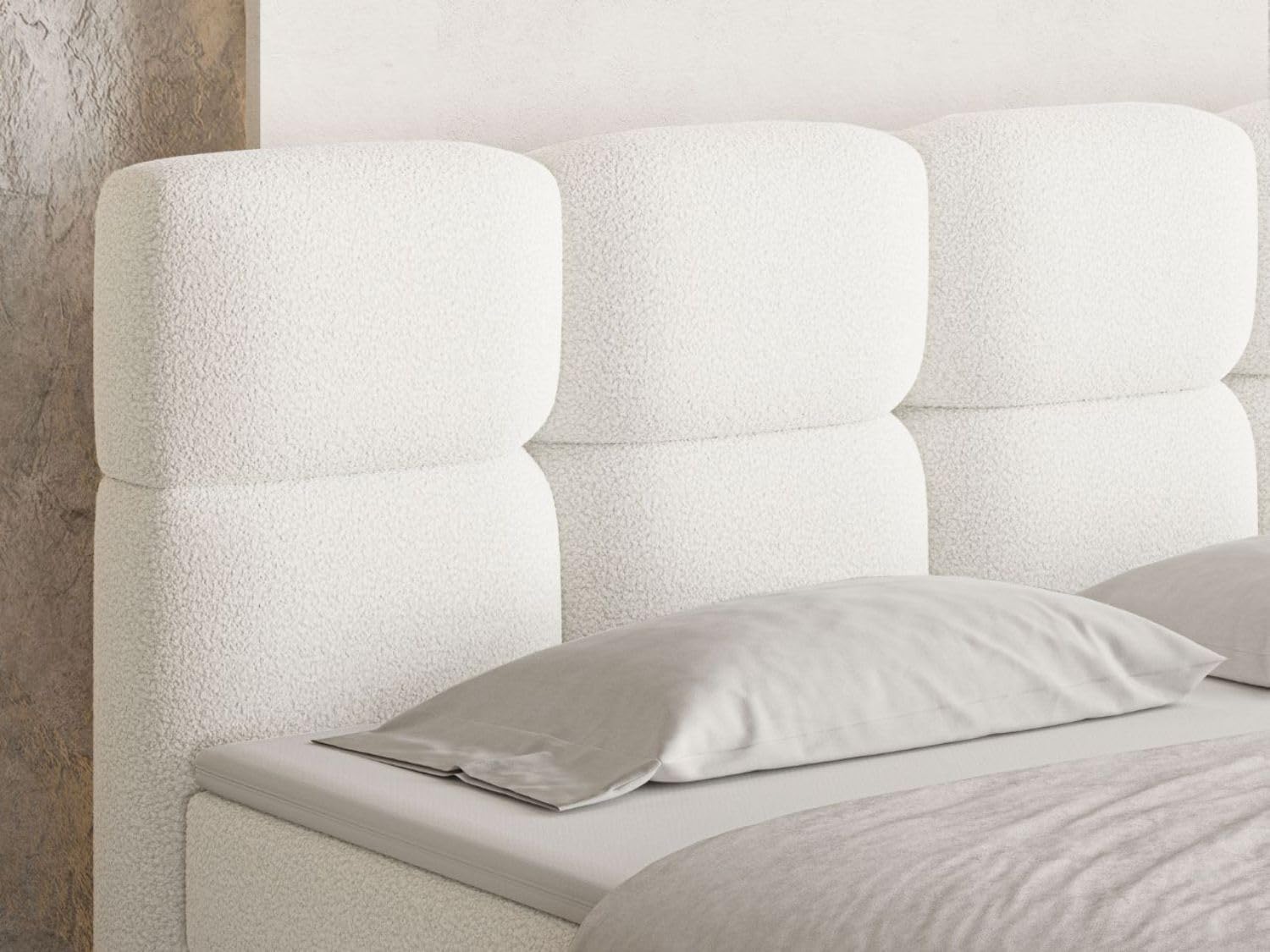 GRAINGOLD Rivon Bett, Boxspringbett mit Bettkasten, Polsterbett mit Bonell-Matratze, Boucle Stoff, mit Topper, mit Kopfteil (Creme, 160x200)