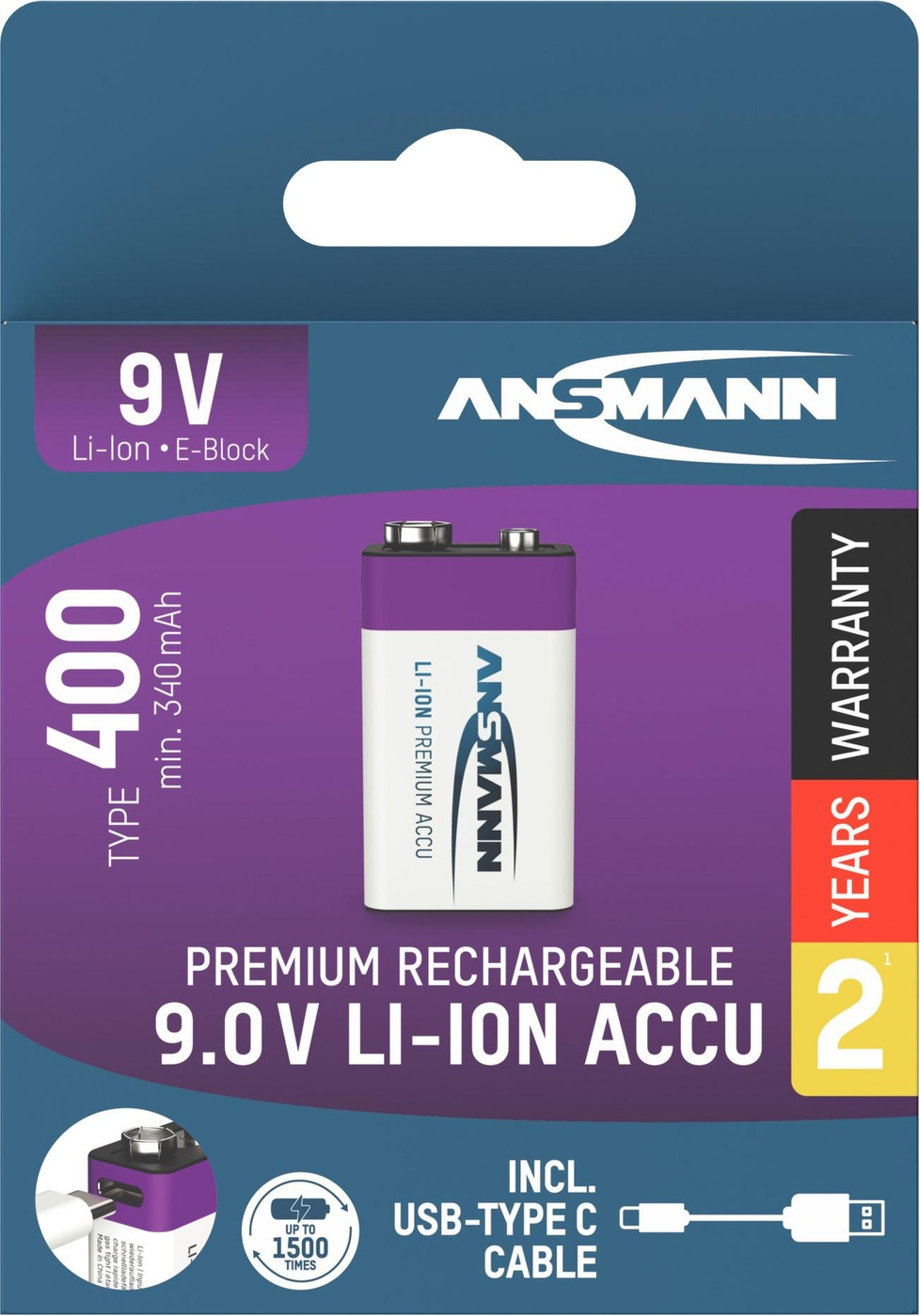 400mAh Wiederaufladbarer E9V Lithium Ionen Akku USB C E-Block Batterie (1315-0005)