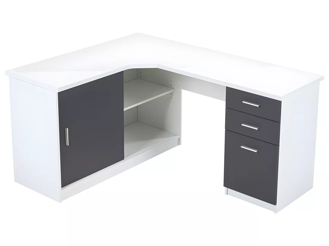 Bureau d'angle NORWY - 2 portes & 2 tiroirs - Blanc & Gris