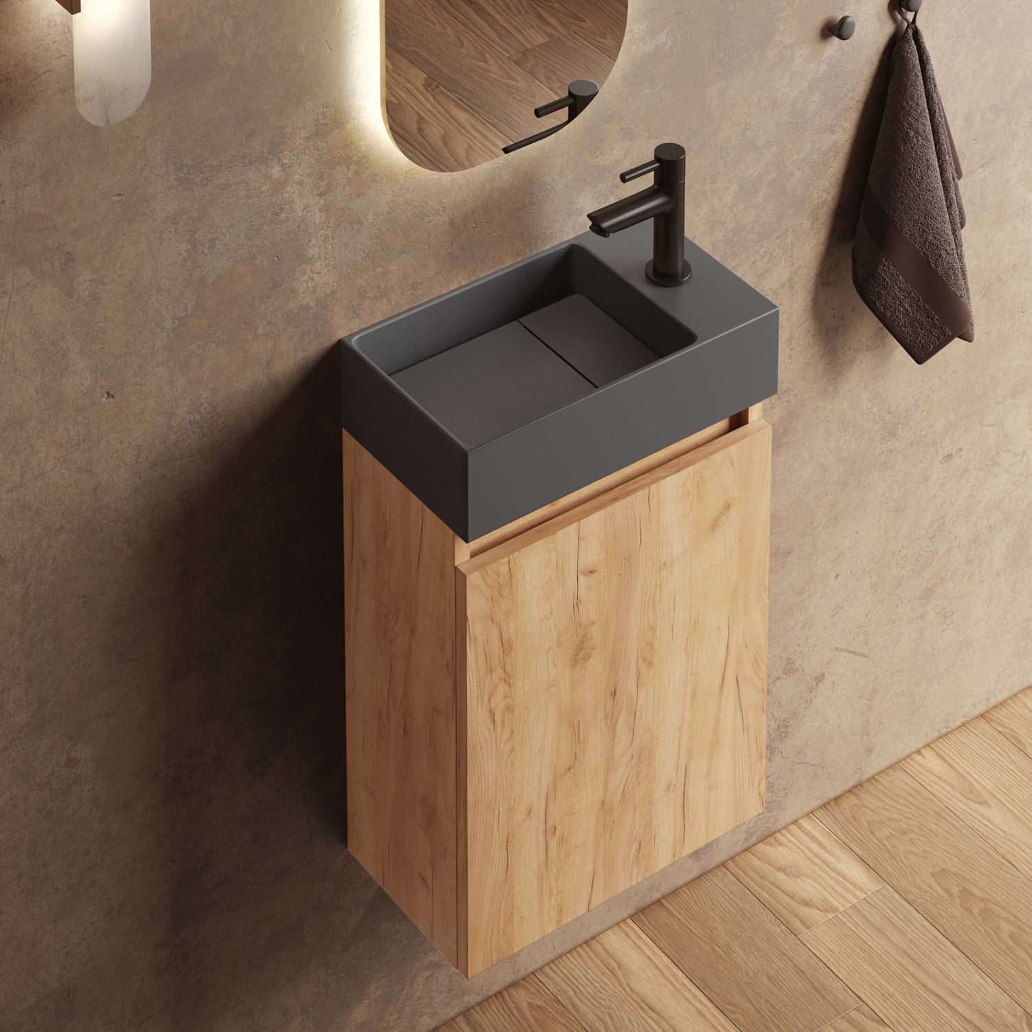 Fontana Itsie toiletmeubel warm eiken 40cm met fontein in mat antraciet