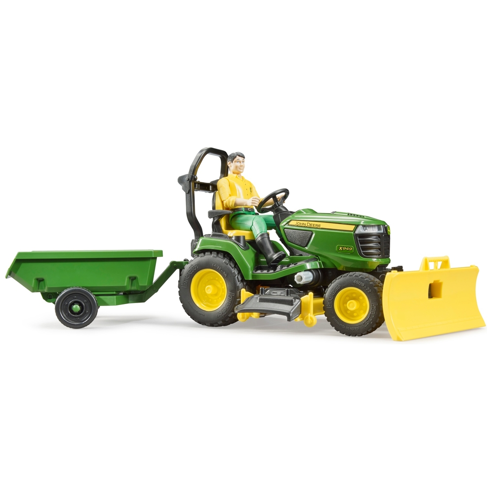 Bruder John Deere Rasentraktor mit Anhänger und Gärtner