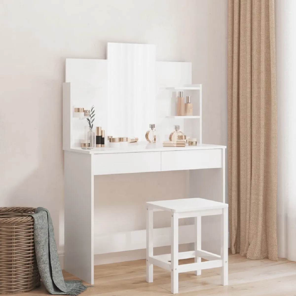 vidaXL Coiffeuse avec Miroir - Blanc Brillant