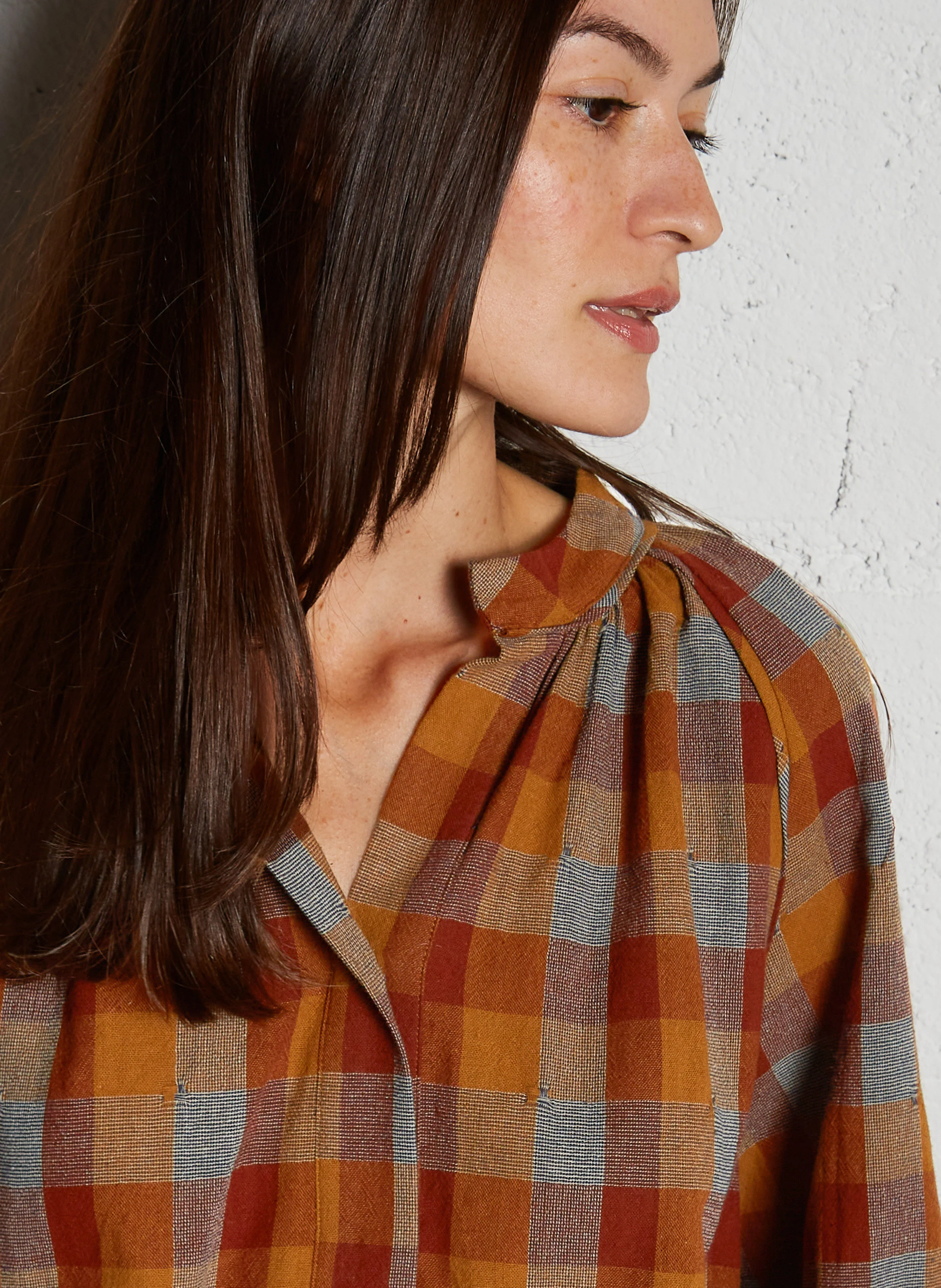Blouse col rond droite en coton à carreaux | Multicolore