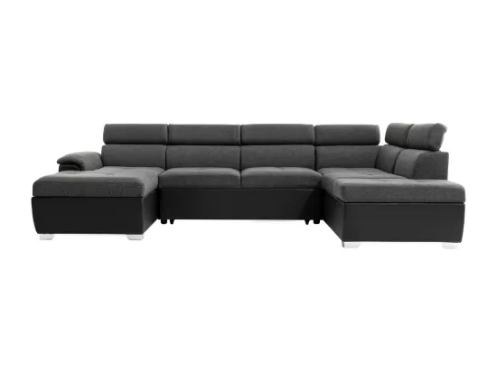 Canapé d'Angle Panoramique 6 Places Paola Convertible en Simili et Tissu Avec Coffres - Gris/Noir - L322 x P196 x H76cm - Loungitude