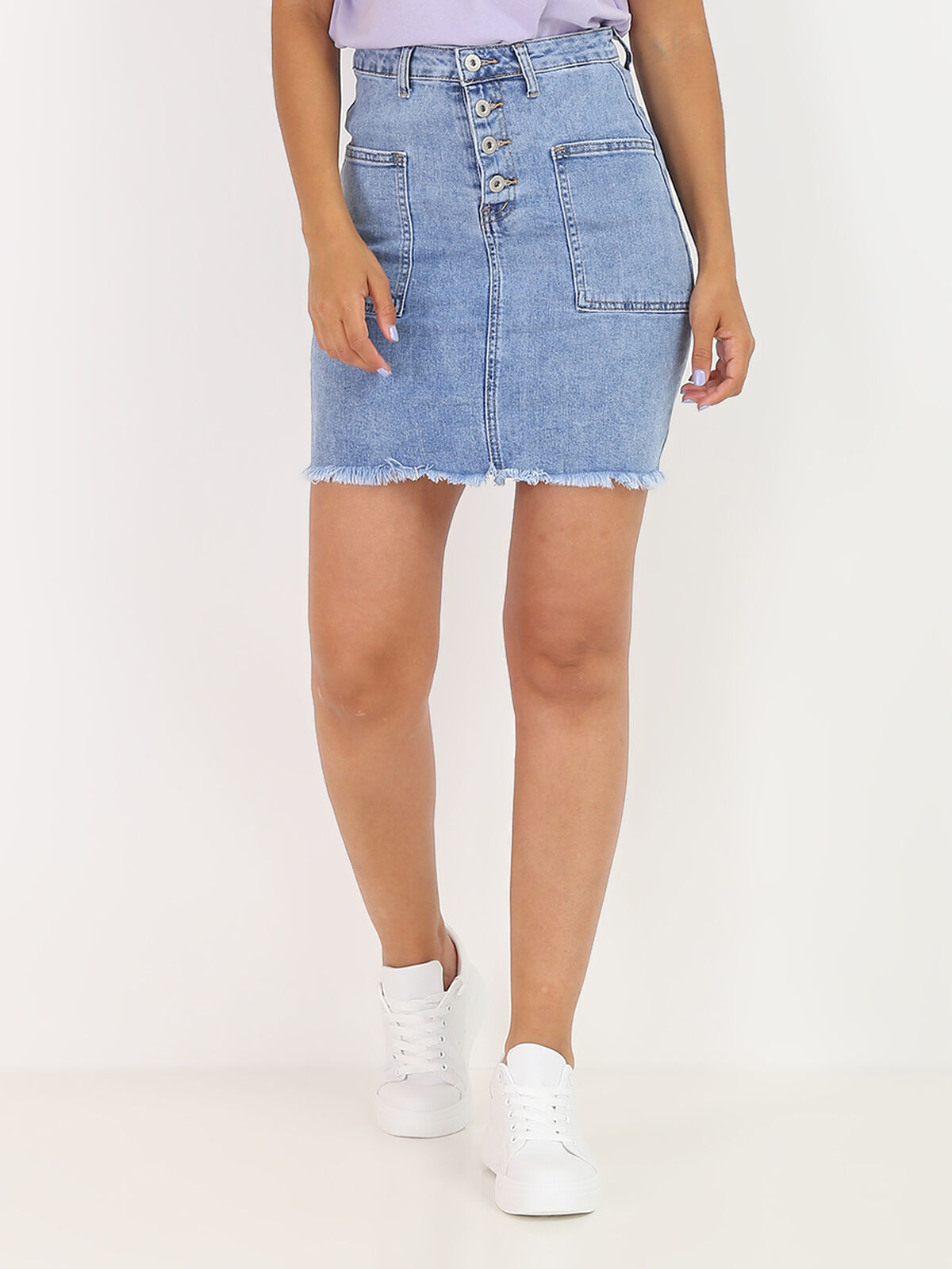 Jupe en jeans effilochée et à boutons- Bleu