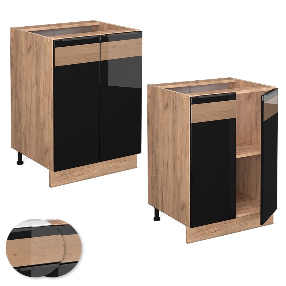 Vicco Unterschrank Küchenschrank Küchenmöbel Fame-Line Eiche Schwarz 60 cm modern Hochglanz