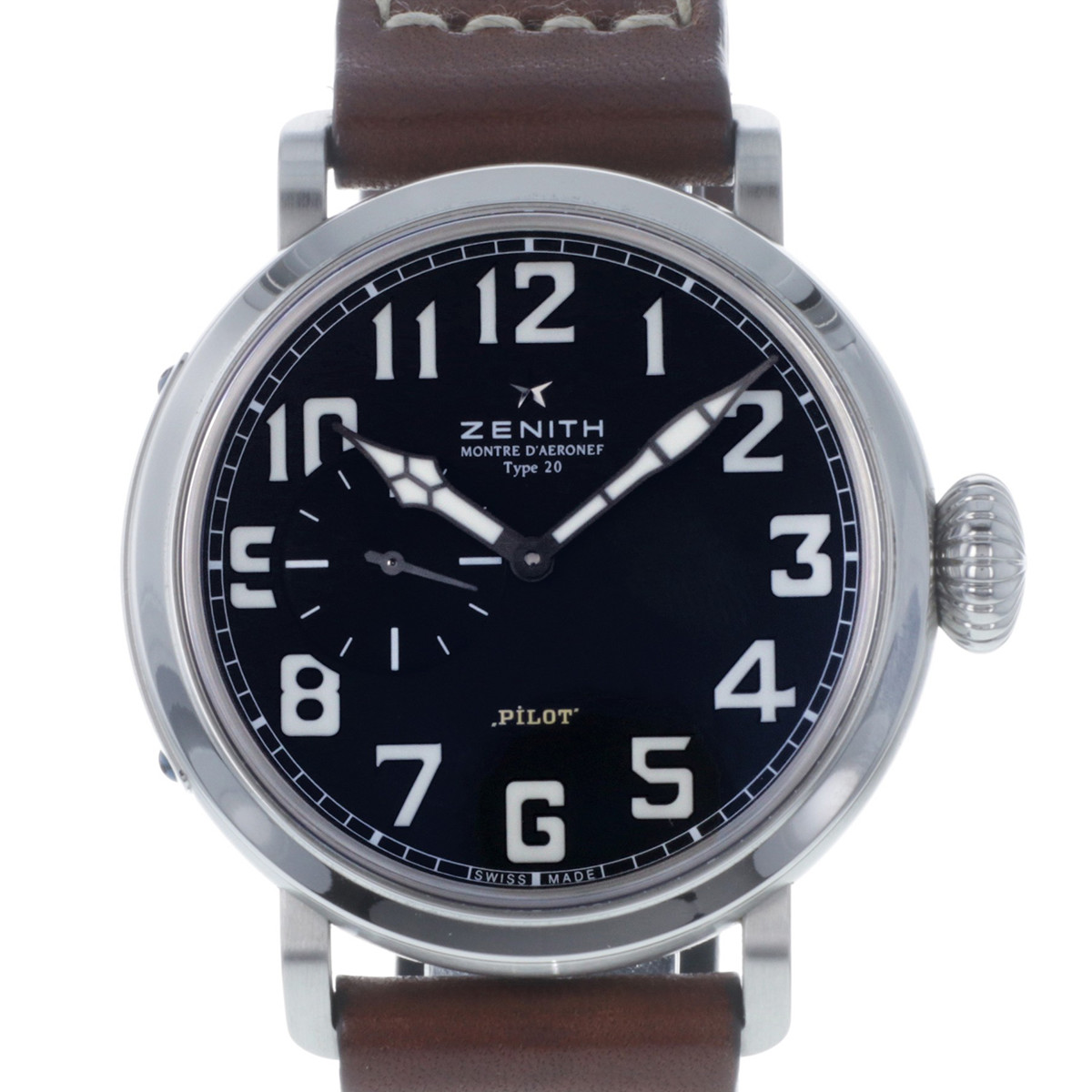 Montre d'occasion Zenith Pilot homme automatique acier bracelet cuir marron