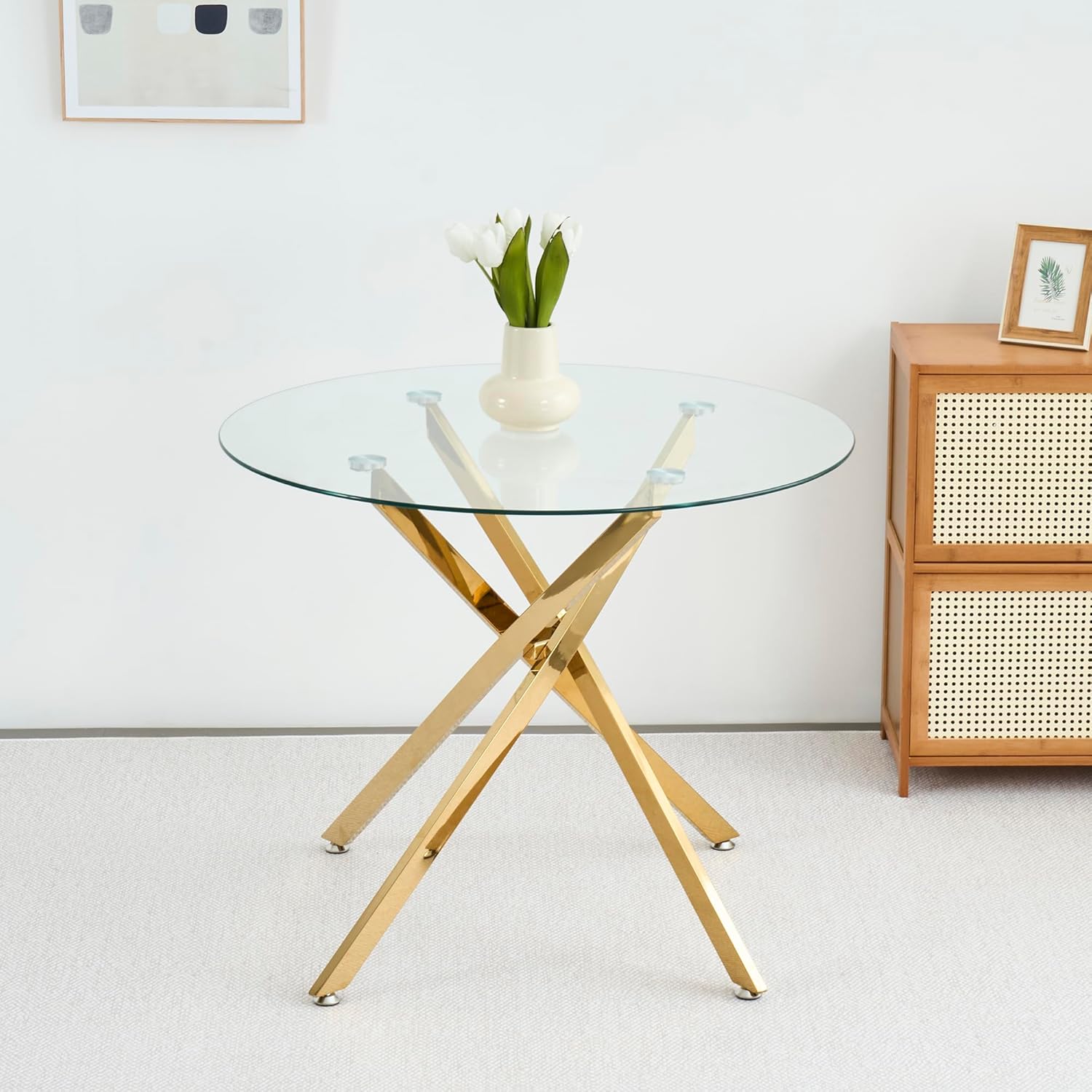 IANIYA Goldener Runder Esstisch aus Gehärtetem Glas 80 cm, Moderner Esszimmertisch für 2-4 Personen, Multifunktionaler Couchtisch & Kleiner Küchentisch, Minimalistischer Tisch für Küche & Esszimmer