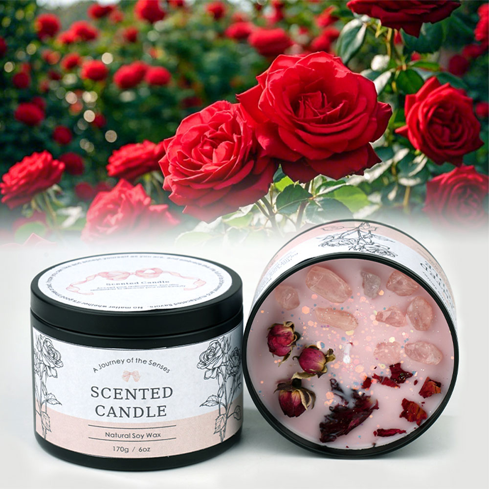 Duft Kerze in Dose Aromatherapie Sojawachs Kerze Home Deko Kristall Steine / Blumen - Rose