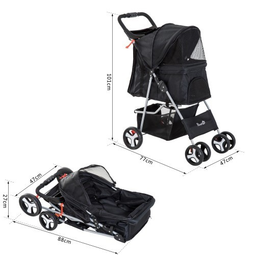 Carrinho de passeio dobrável preto para animais de estimação Pawhut