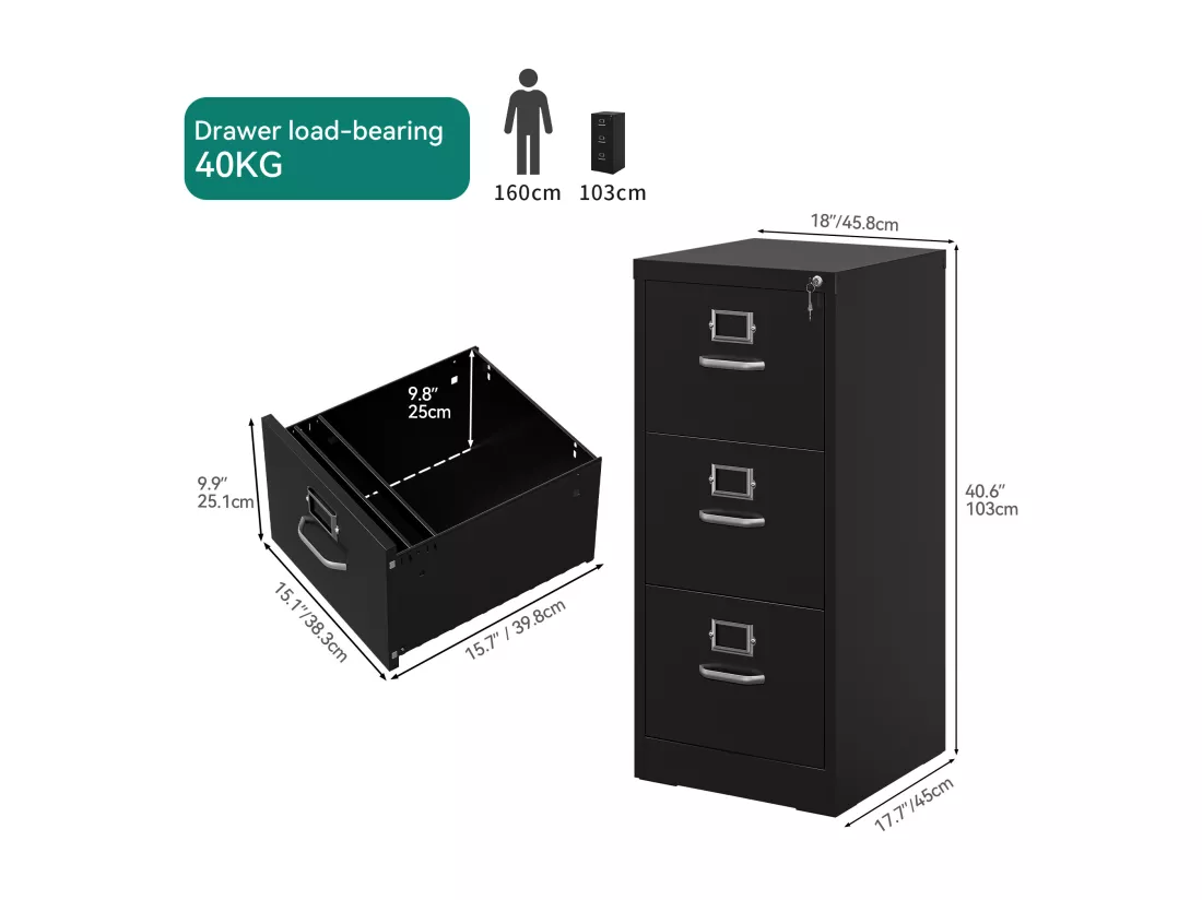 Armoire de classement à 3 tiroirs - verrouillable pour Format Lettre/légal/A4 - pour Bureau à Domicile - 3 tiroirs - Noir