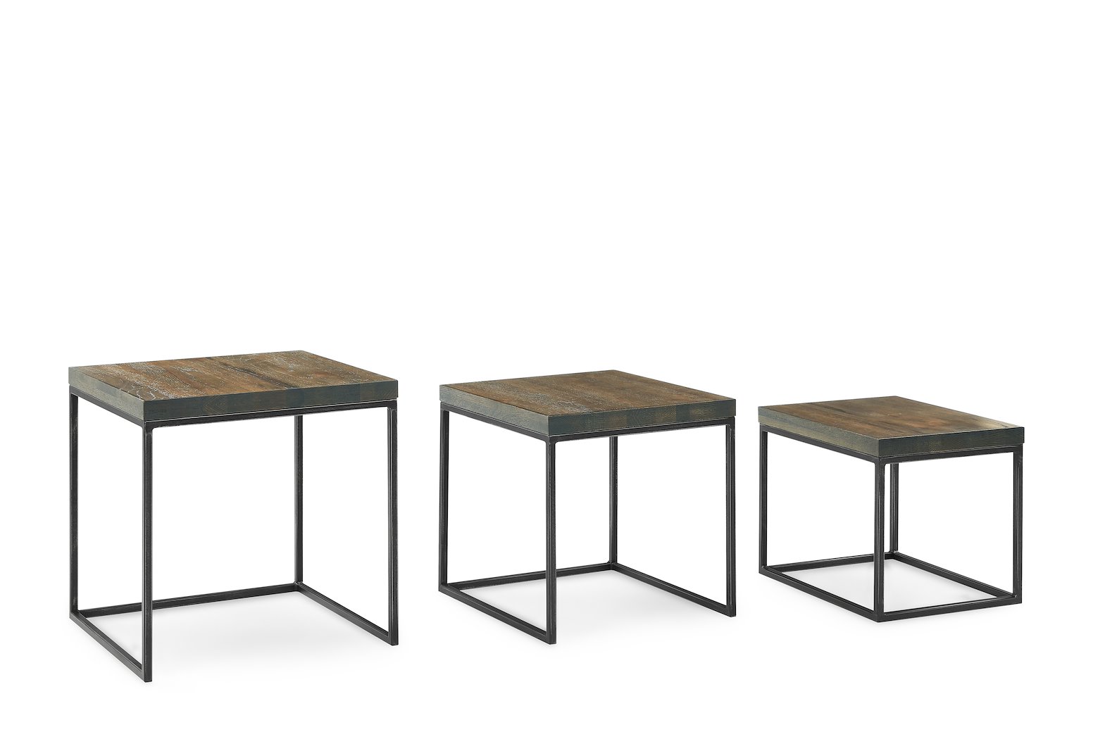 Calia settbord Røykoljet heltre eik, med industriell sort stål. Sett av 3stk bord i 50x50, 47,5x43 og 45x36 cm.