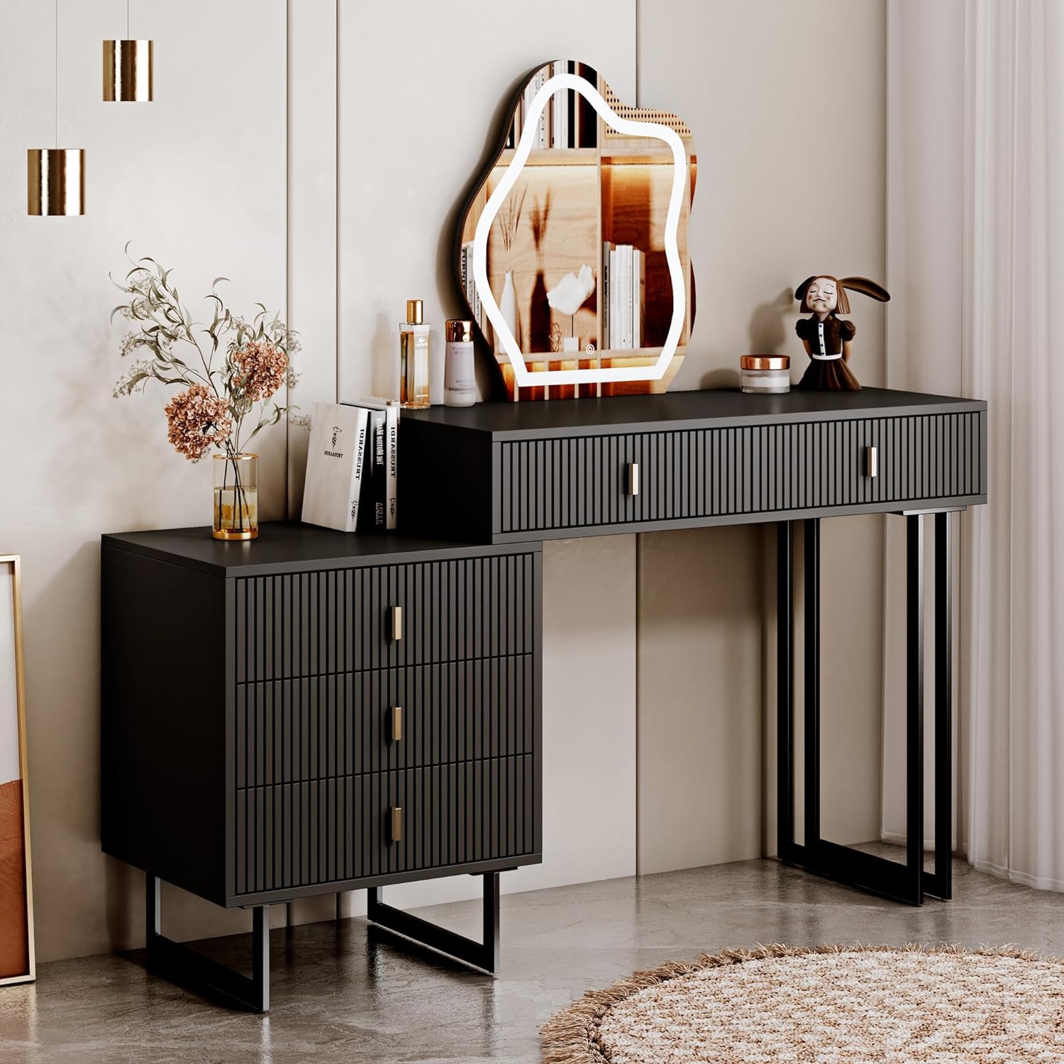 Cômoda leejdn com espelho regulável com tela sensível ao toque de 3 cores, penteadeira moderna para maquiagem com armários ajustáveis e 4 gavetas deslizantes, ideal para lavabo e quarto.