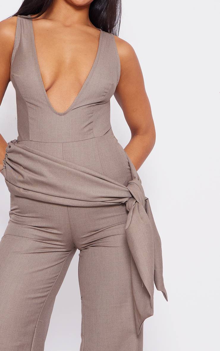 Taupe Combinaison-pantalon Ceinturée Cache-cœur Plongeant Tissée Ajustée
