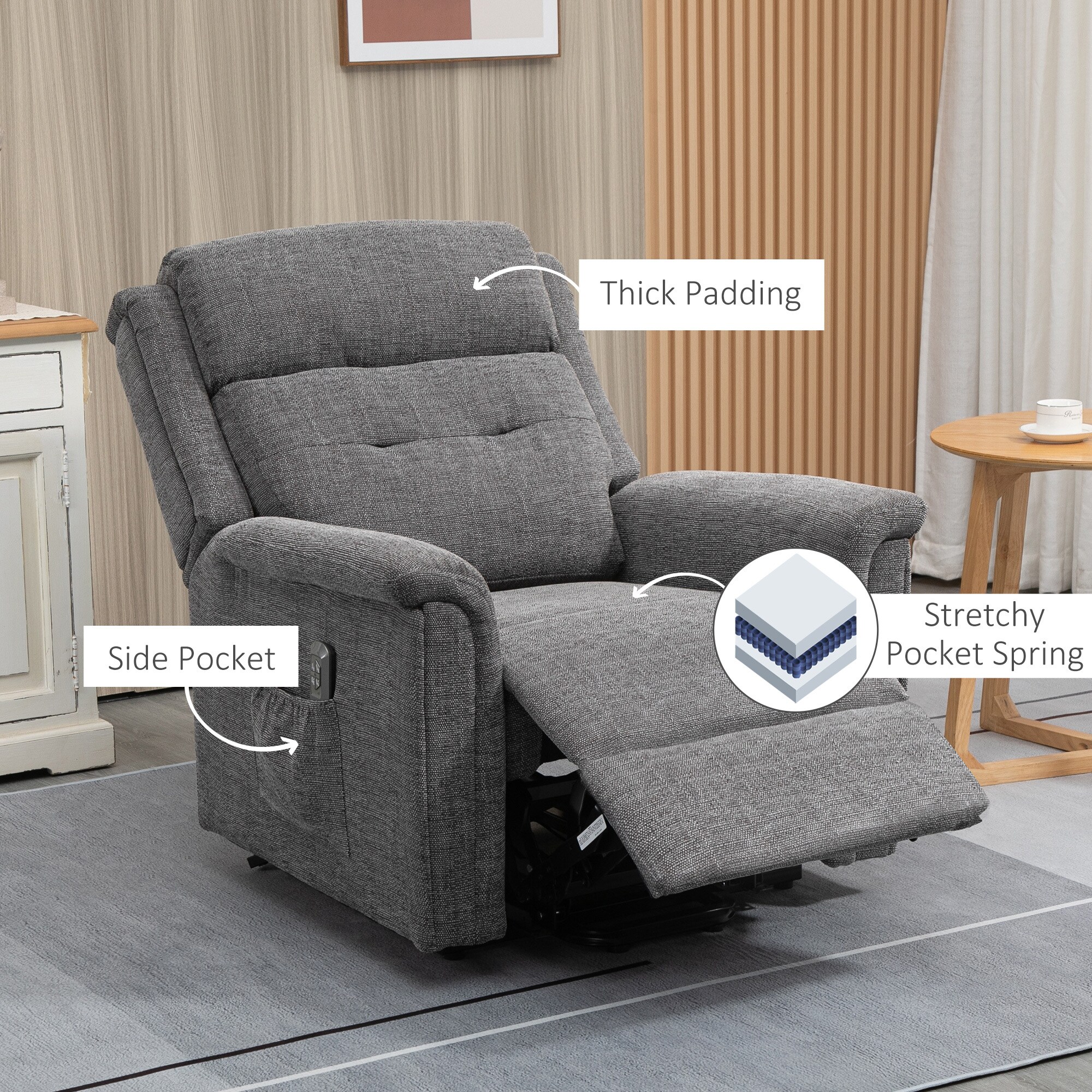 HOMCOM Aufstehsessel mit Seitentasche grau 89L x 96B x 108H cm