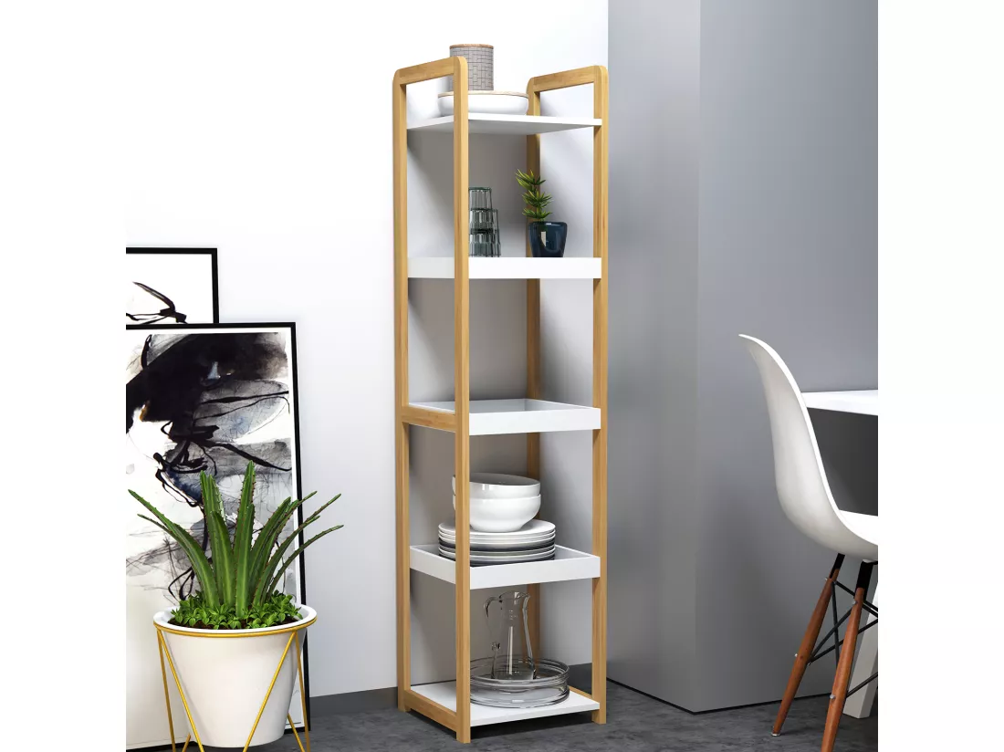 Etagère en bambou de salle de bain étagère debout 3 paniers + 2 étagères dim. 32L x 30l x 130H cm beige blanc