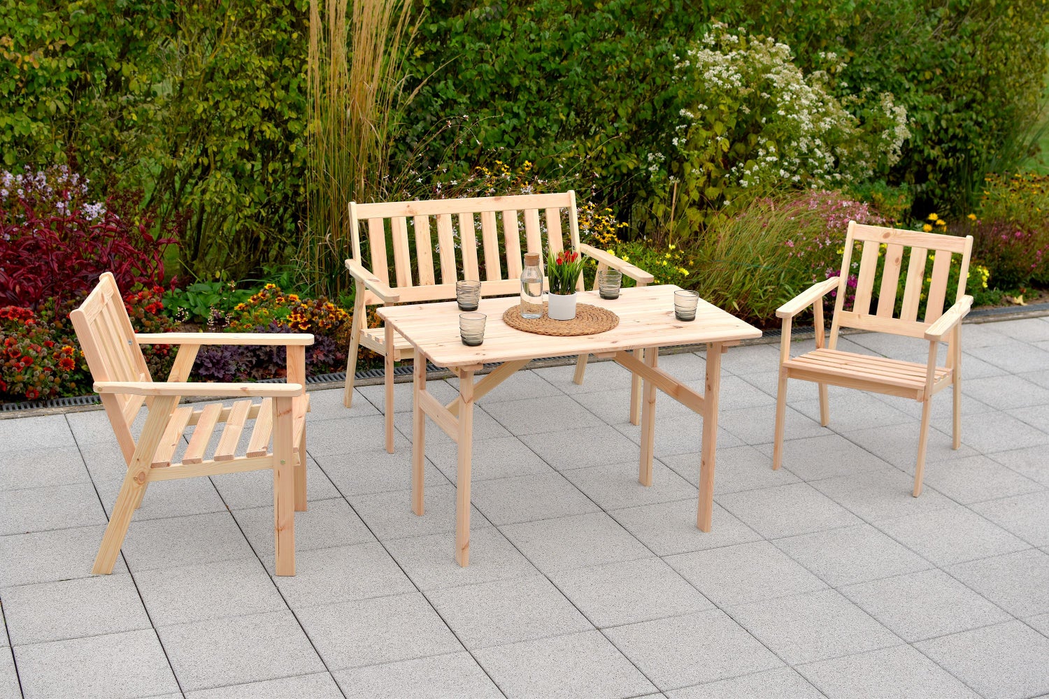 Sylt 9-delige set, 2 fauteuils, 1 tweezitsbank, inclusief kussens, 1 tafel