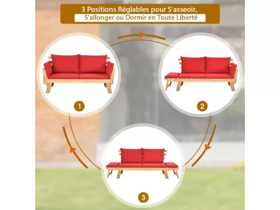 Canapé Lit de Jardin Convertible 2 Places en Bois d’Acacia avec Coussin, Canapé de Jardin 2 en 1 avec Accoudoir Réglable Charge 320KG, pour Patio Piscine (Rouge)