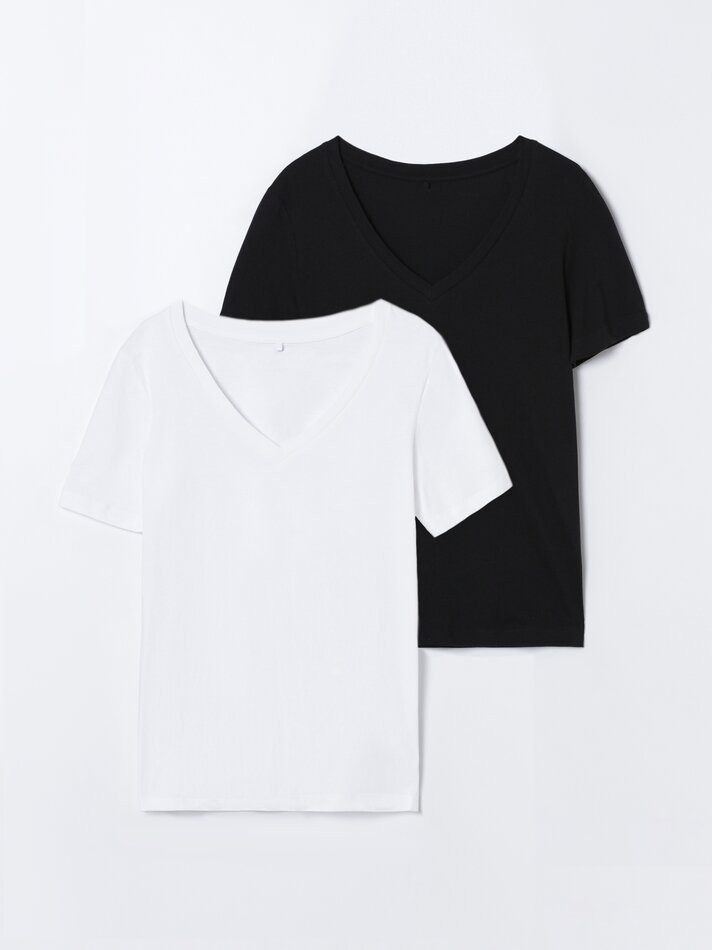 Pacote com 2 camisetas básicas com decote em V - Brancas