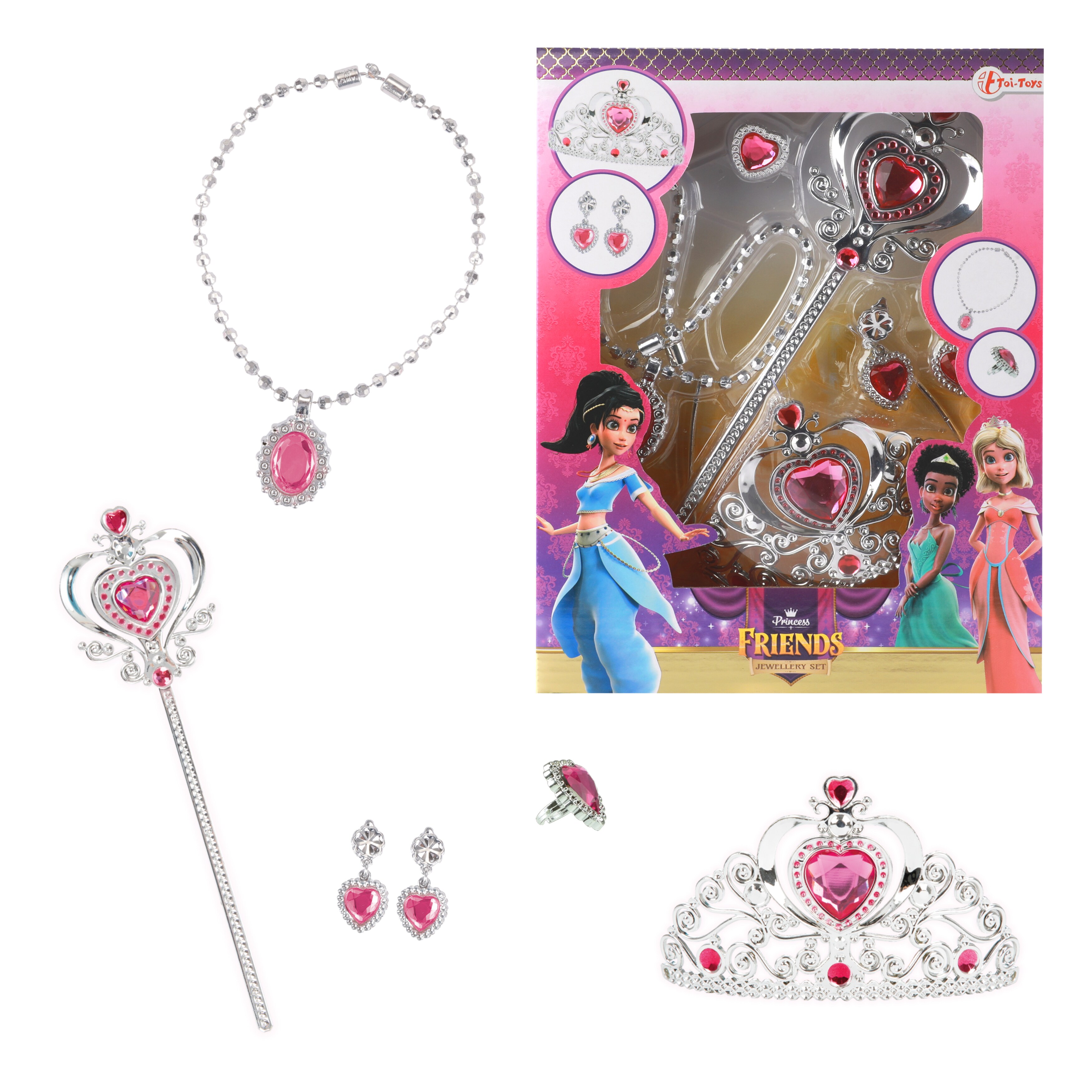 Toi-Toys 12853A - Princess Friends Schmuckset - Prinzessin (6-teilig) Tiara Kette Zauberstab Ohrringe Herz