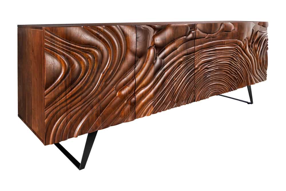 Massives Sideboard FLUID 175cm walnuss-braun Akazienholz 3D-Design Kufengestell