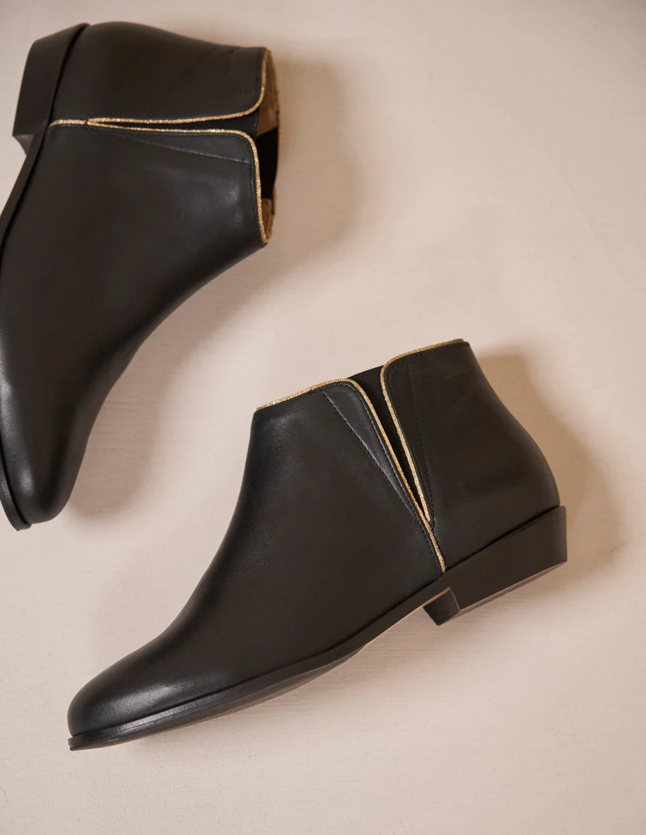 Bottines plates Jeanne B - Cuir noir et doré