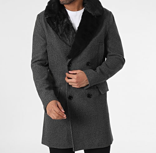 Manteau Col Fourrure Gris Chiné