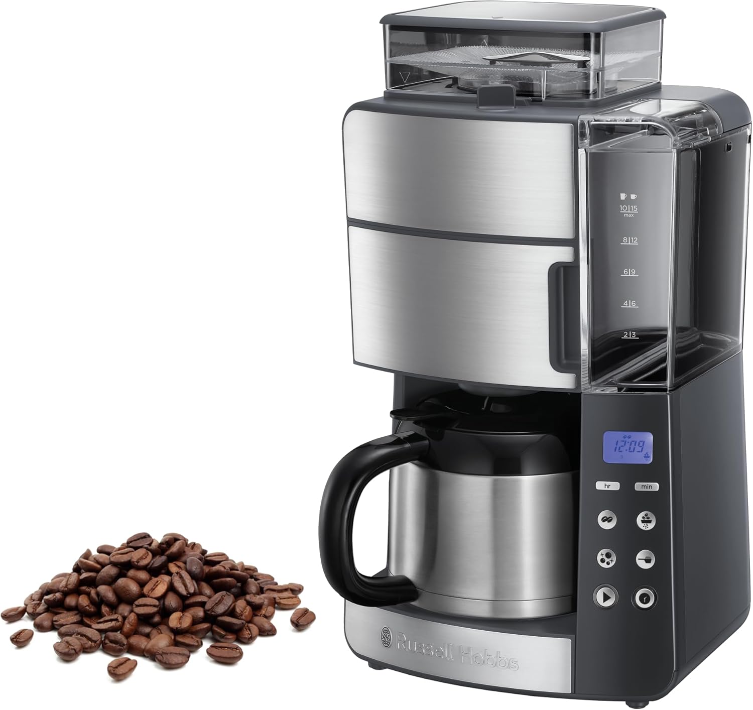 Russell Hobbs Kaffeemaschine mit Mahlwerk Thermokanne [Digitaler Timer, Brausekopf für opt. Extraktion & Aroma] Grind&Brew (1-10 Tassen, 3-stufige Mahlgradeinstellung) Filterkaffeemaschine 25620-56