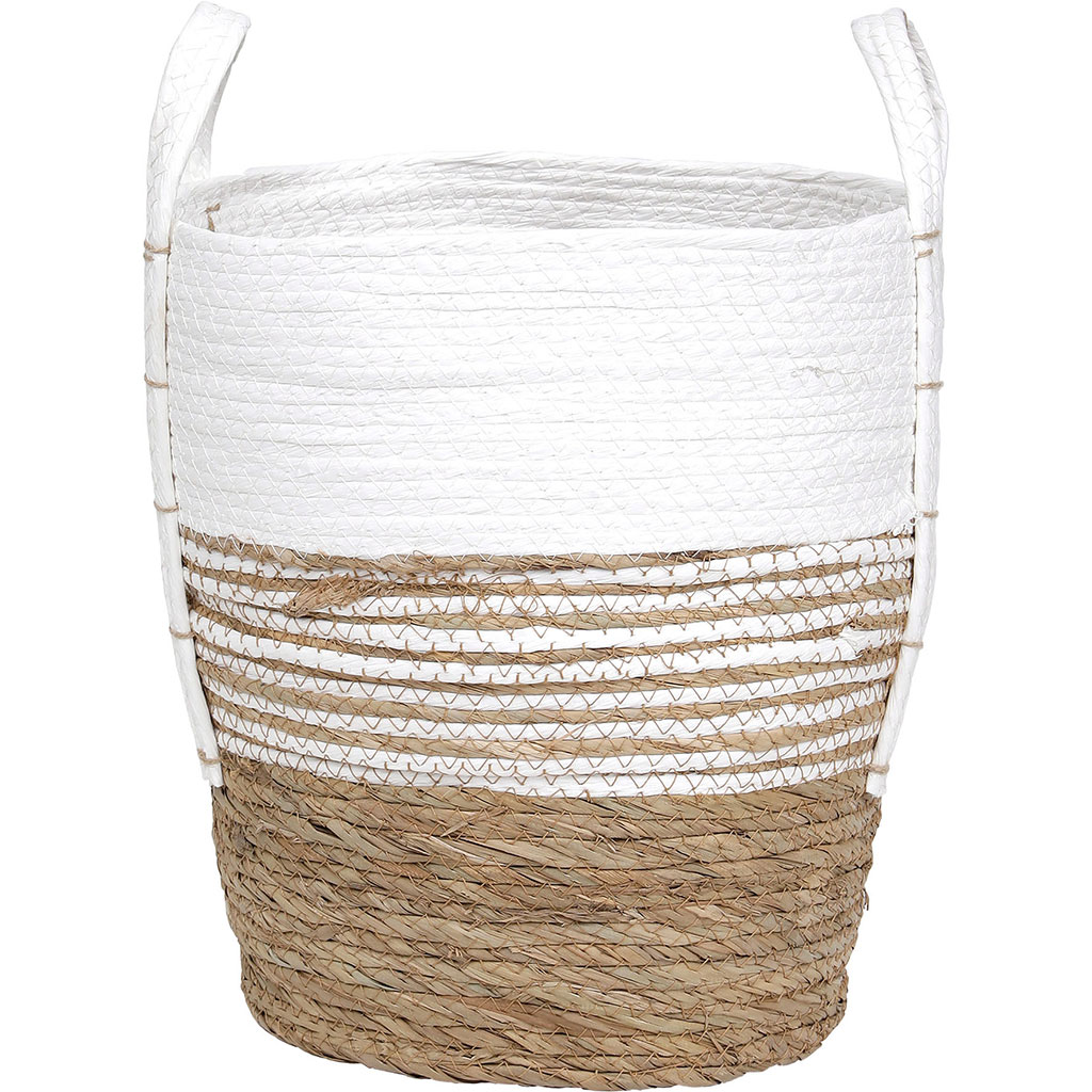 Panier à linge avec anses roseau tressé blanche rayée  34x37x34cm