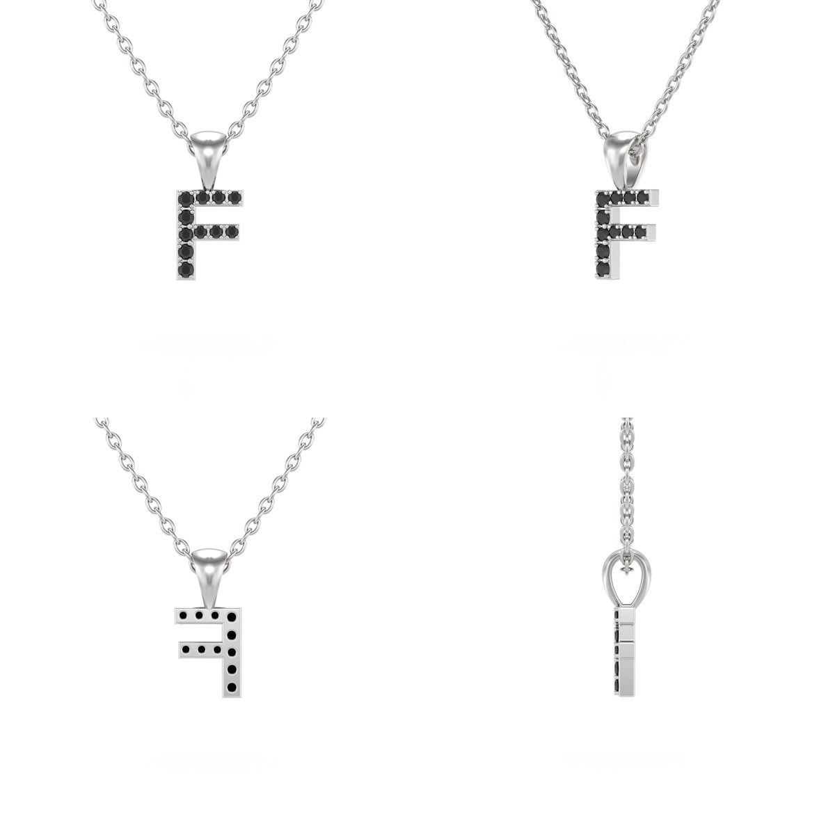 Collier Pendentif ADEN Lettre F Or 750 Blanc Diamant Noir Chaine Or 750 incluse 0.72grs