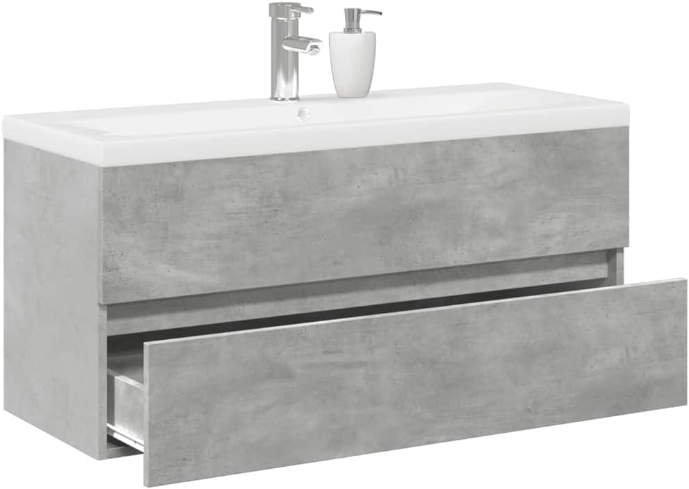 2-TLG. Badmöbel-Set Betongrau, Holzwerkstoff, 100 cm Breite, mit Keramik-Waschbecken, wandmontiert, für modernes Badezimmer