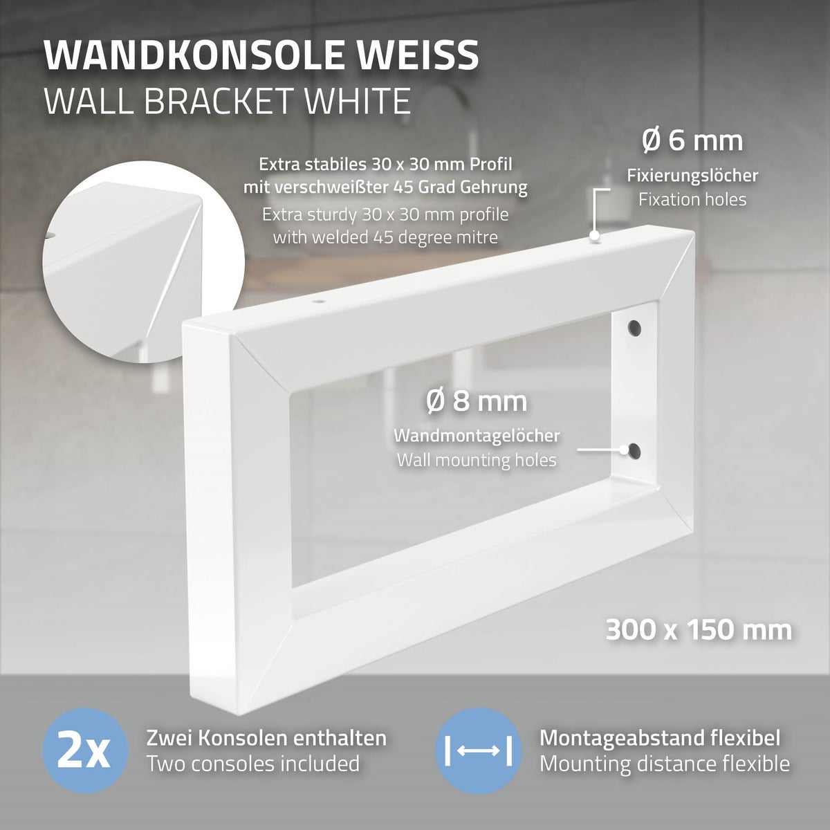 ML-Design 2-delige set wandconsole voor wastafel, 300x150 mm, wit, staal, design wastafelconsole, wandconsole onderkastmontage, consoledrager, plankdrager, plankhouder, handdoekhouder