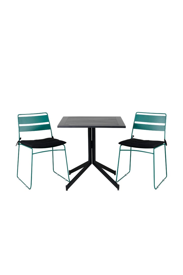 Way tuinset, tafel 70x70cm en 2 stoelen Lina, groen, zwart. 70 x 70 x 72 cm