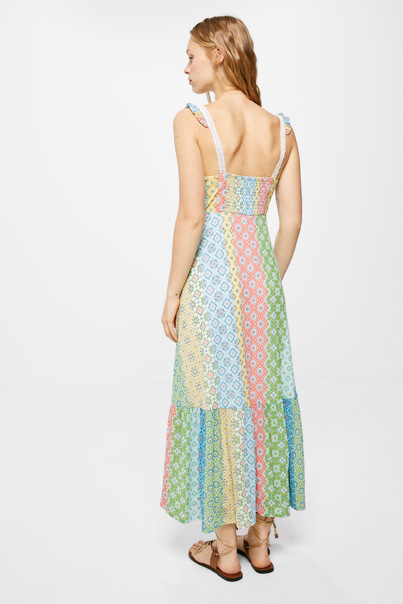Vestido midi de renda patchwork - turquesa