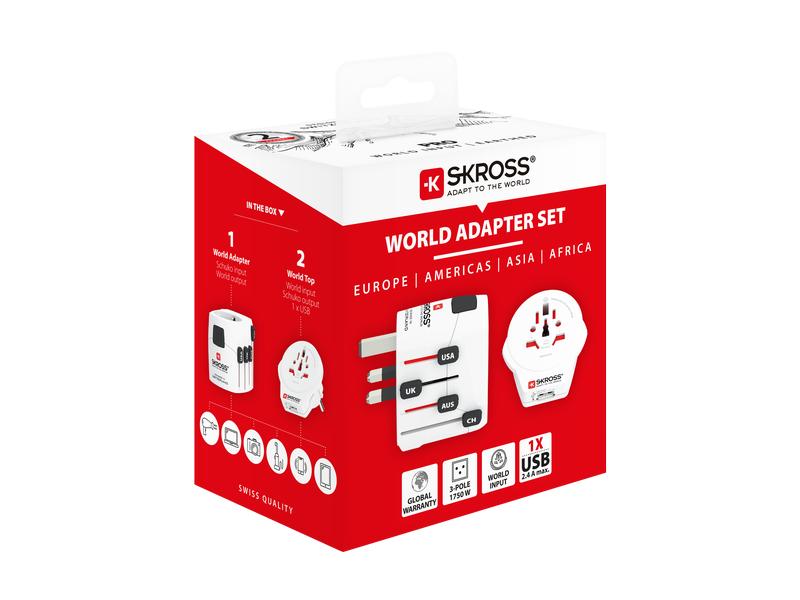 SKROSS Weltreiseadapter PRO World & USB Kompakter 3-poliger Weltreiseadapter mit USB-Anschluss