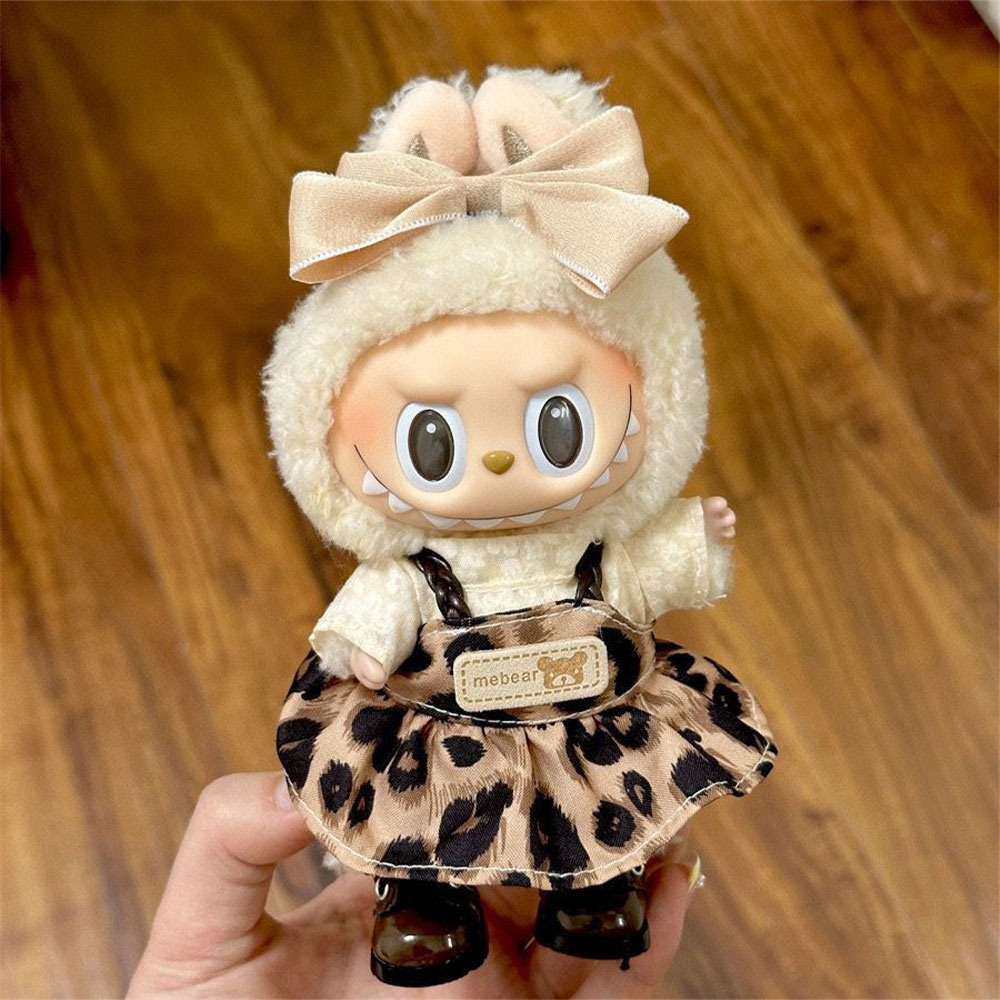 (3-tlg. Set) Monsterhäschen Leoparden Kleid Puppen Zubehör Outfit Verkleidungs Accessoire inkl. Schleife / Bluse - Braun / Beige
