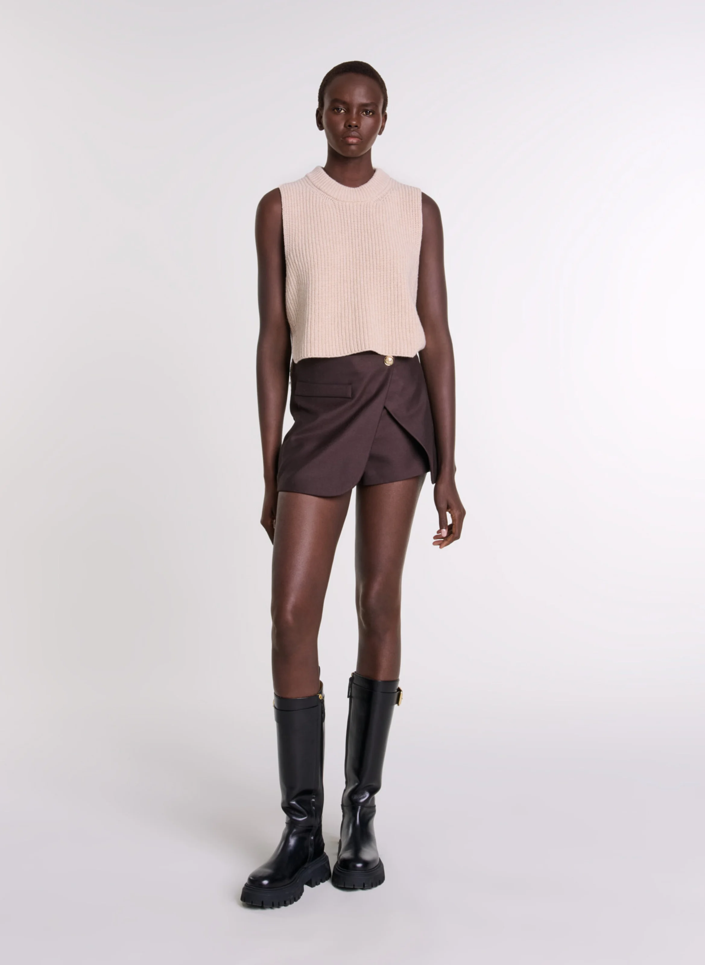 Pull court col rond en laine | Beige