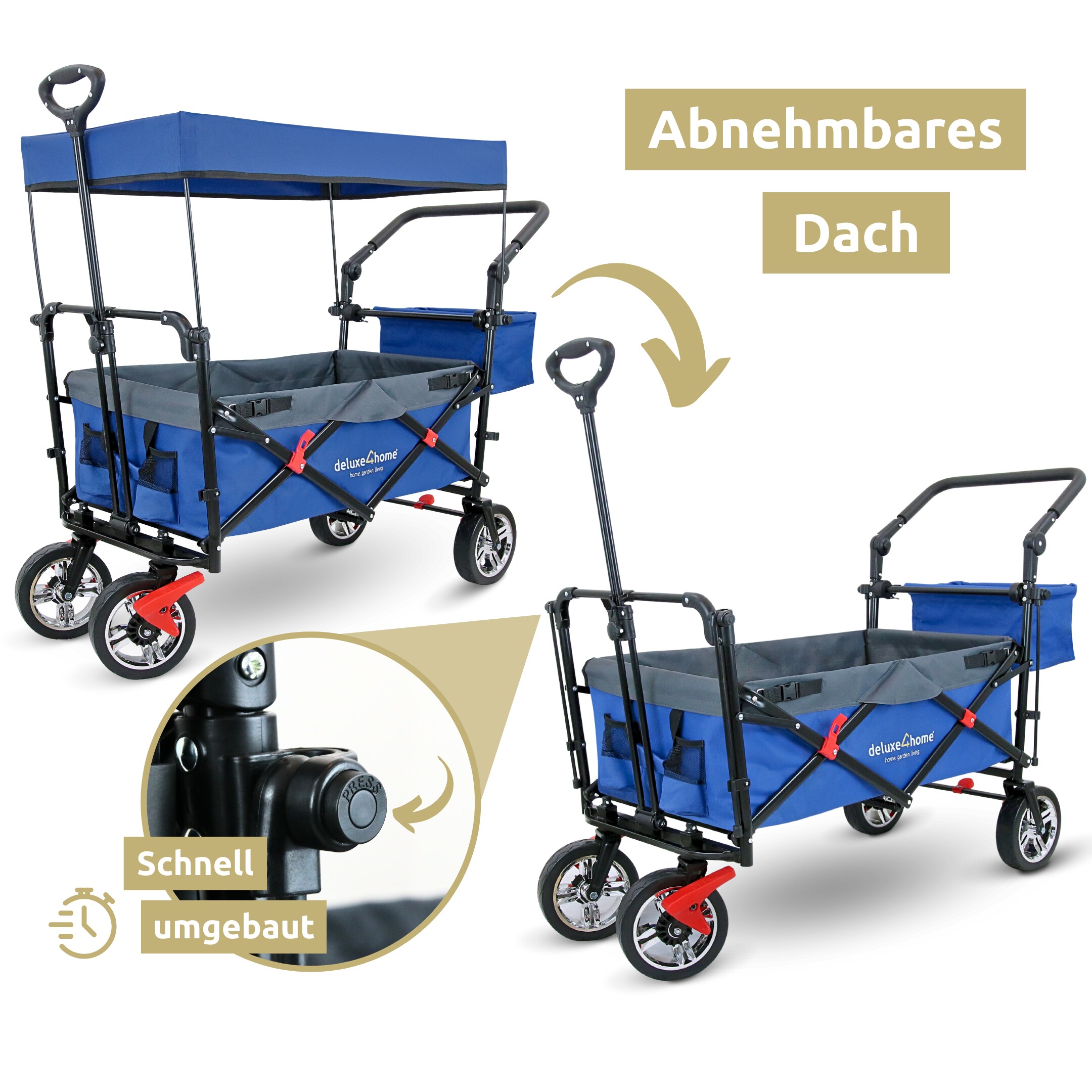 deluxe4home® Bollerwagen | Transportwagen faltbar mit Dach | Schwarz/Grau