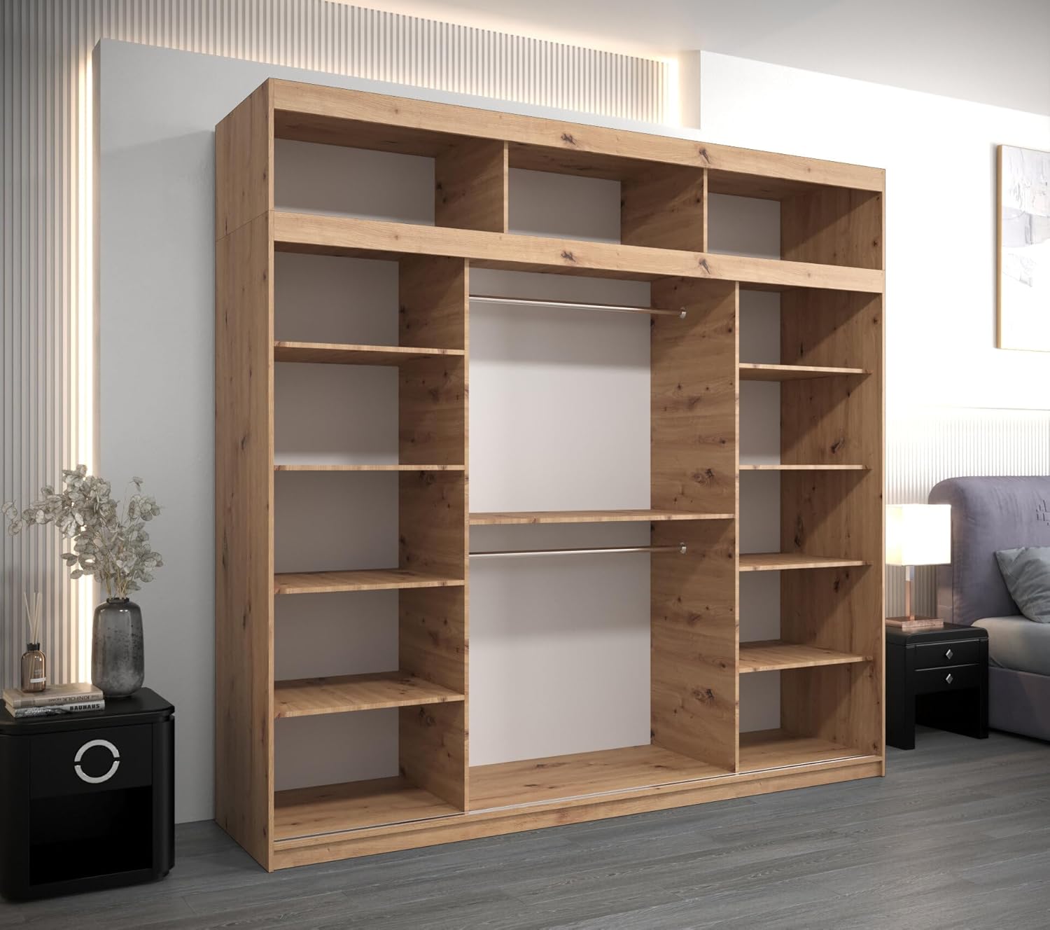 MEBLE KRYSPOL Kleiderschrank mit Spiegel Verona 2 - Garderobenschrank - Schrank Schlafzimmer - Mehrzweckschrank DREI Schiebetüren - Regalen - Flur Möbel - Kleiderstange Schrank - Allzweckschrank