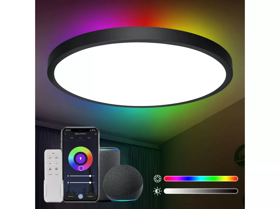 Anten Smart Plafonnier LED 24W(Ø 30cm)|Rétroéclairage RGB| Température de Couleur Réglable de 3000-6500K |Compatible avec Alexa/Google Assistant,Noir