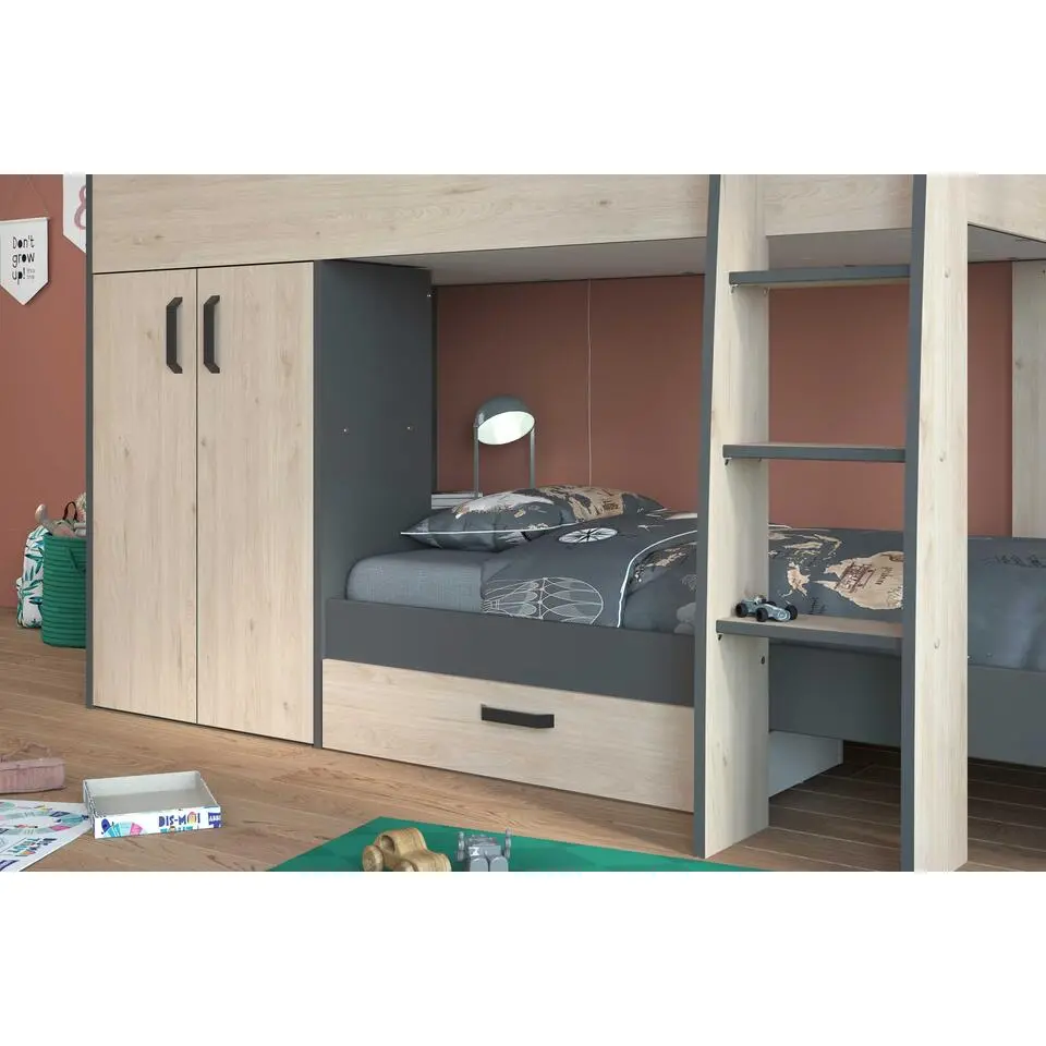 Stapelbed Stim met kast & lade - eik/grijs