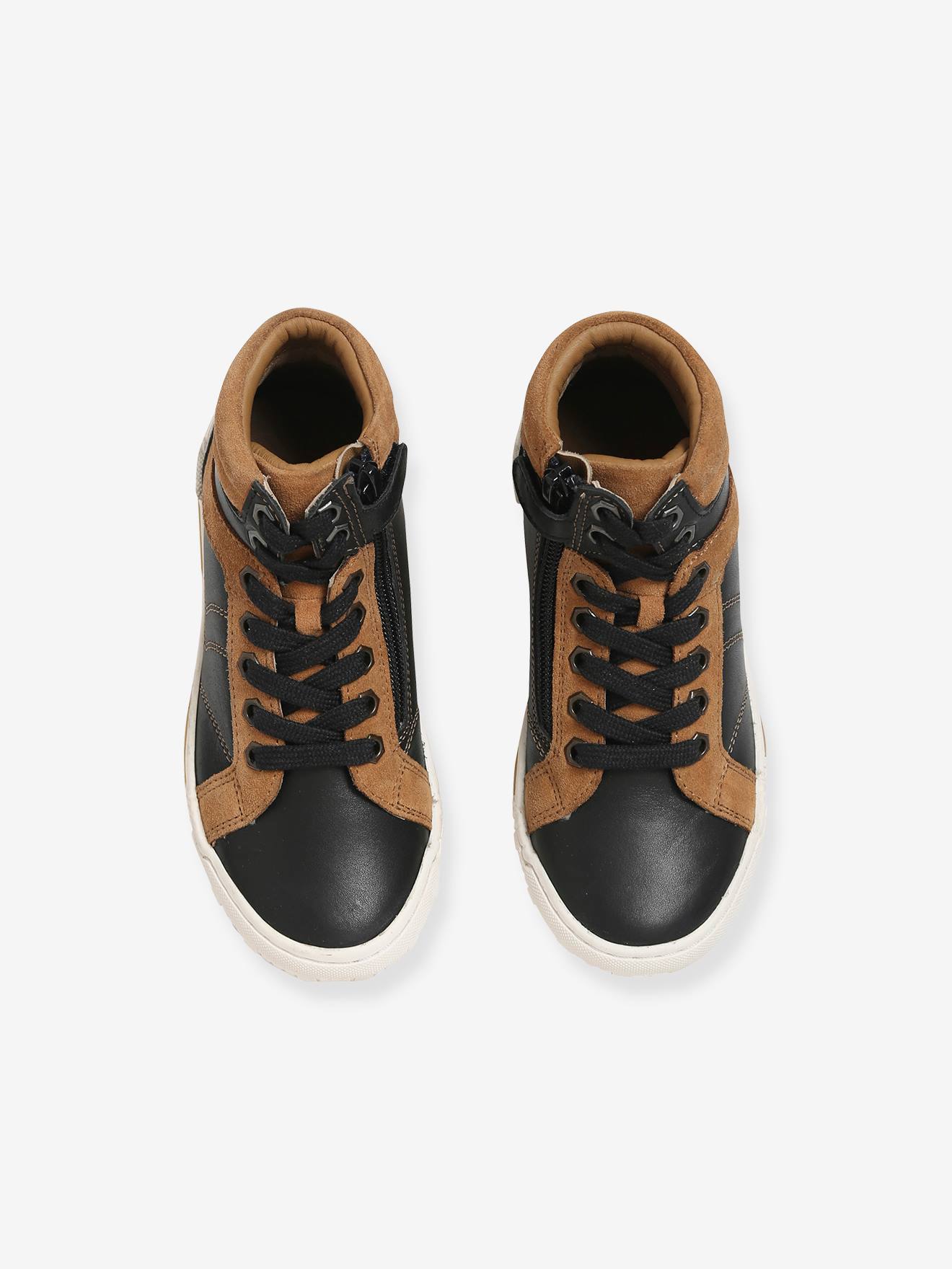 Botas de cano curto em couro com cadarço e zíper, para meninos, pretas lisas.
