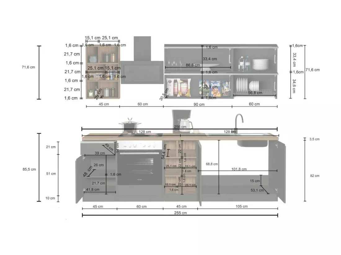 Cuisine complète Dcastill, Ensemble avec garde-manger, Meuble de kitchenette, Kit bloc linéaire, 100% Made in Italy, 255x60h85 cm, Anthracite et Chêne