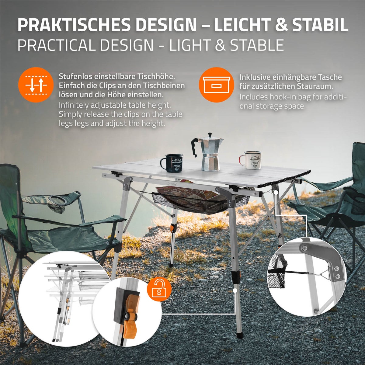 ML-Design Opvouwbare Campingtafel, Zilver, 90x51,5 cm, Aluminium Opvouwbare Tafel, Hoogte Verstelbaar 46-66,5 cm, Draagvermogen 30 kg, Oprolbaar Tafelblad, Opvouwbare Tafel, Tuintafel, Balkontafel, Reistafel