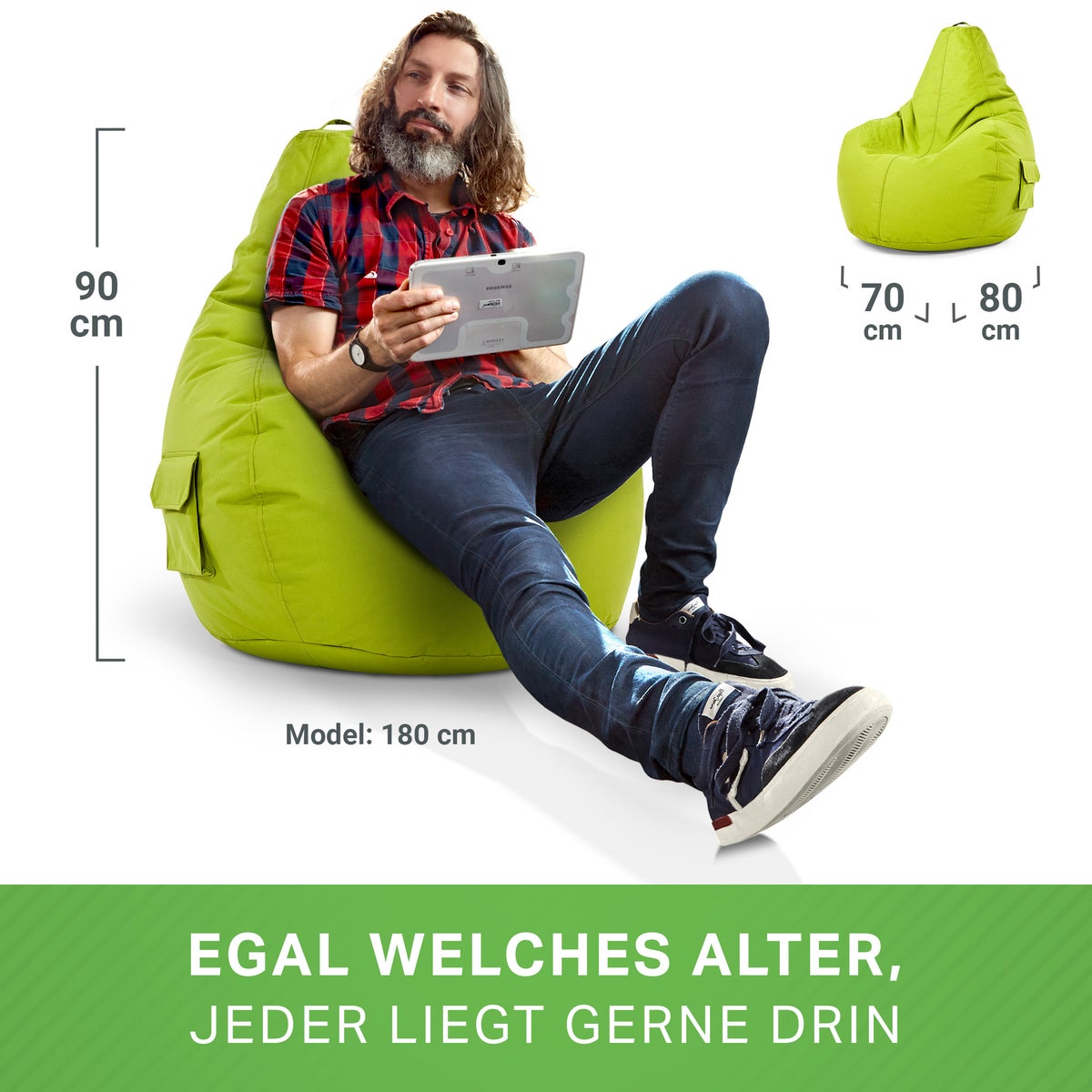 Green Bean Zitzak met rugleuning 80x70x90cm - Gaming stoel met 230L vulling, comfortabel, zacht, wasbaar - Zitzak vloerkussen, loungestoel, voetenbank, relaxstoel, gamerstoel, lichtgroen